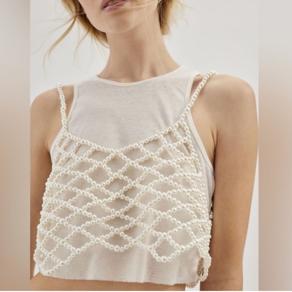 Urban Outfitters Tops - Urban Outfitters Cream Pearl Embellished Crop Top